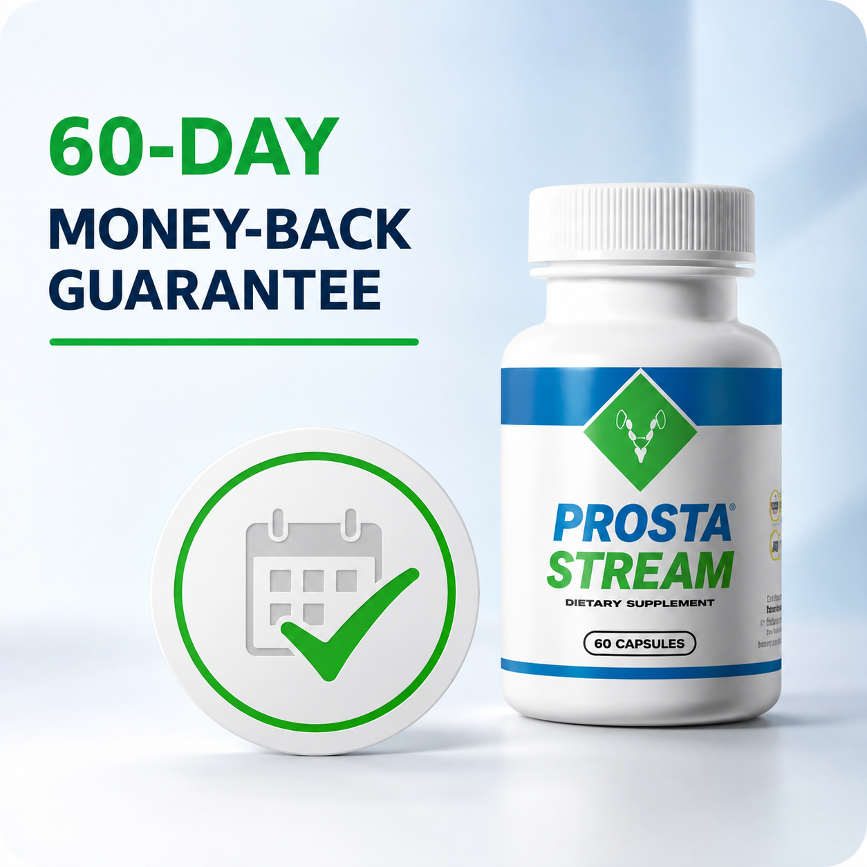 ProstaStream dietary supplement bottle with 60-day money-back guarantee graphic