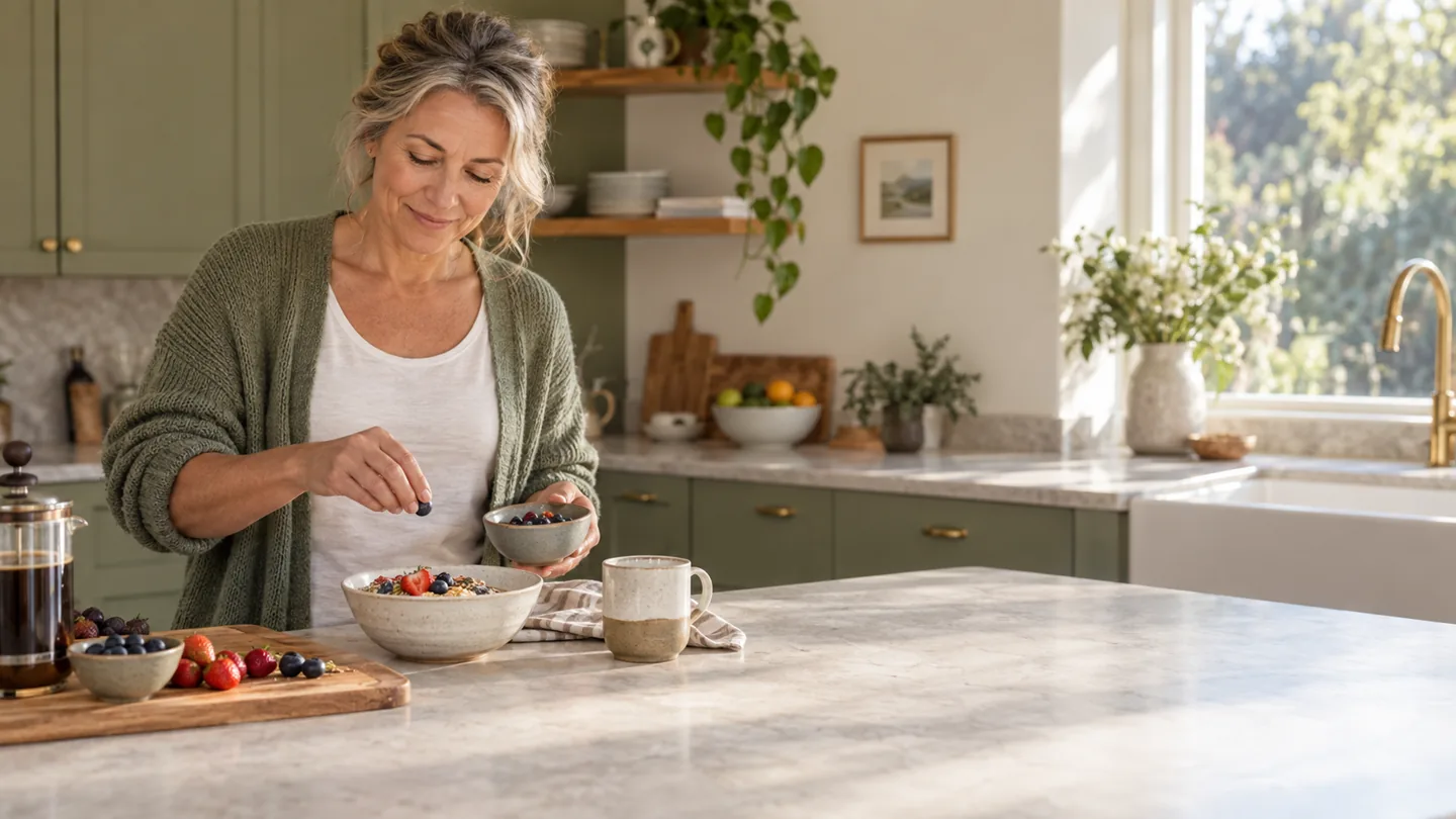 Woman preparing breakfast with fruit in a sunlit home kitchen
